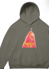 a gray hoodie with an image of a mountain on it
