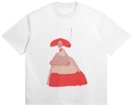 a white t - shirt with an image of a woman in a red dress