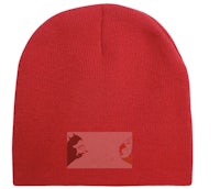 a red beanie with an image of a cat on it