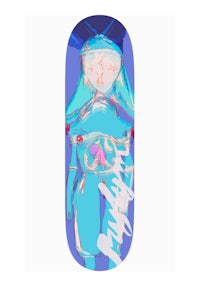 a blue skateboard with an image of a girl on it