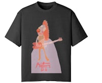 a black t - shirt with an image of a man holding a guitar