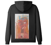 a black hoodie with an image of a woman holding a book