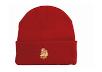a red beanie with an image of a woman riding a horse