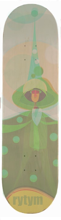 a skateboard with an alien design on it