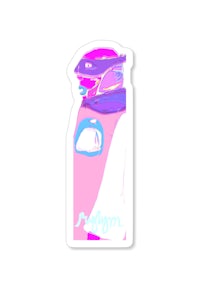 a sticker with an image of a pink and blue bottle