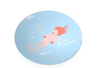 a round plate with a woman floating in the water